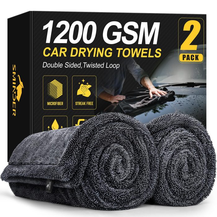 SMINDER 2-Pack 1200 GSM Car Drying Towels – Microfiber Towels for Cars (36" x 24"), Ultra-Absorbent, Streak-Free, Scratch-Free, No Water Spots, Double-Twist Pile & Edgeless Design - Image 1