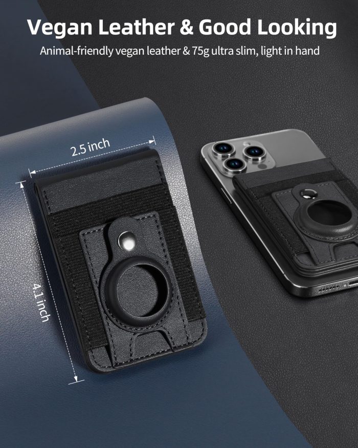 For Magsafe Wallet Stand with Airtag Holder, Strongest Magnetic Wallet for iPhone 17/16/15/14/13/12 Series, ID Window, 4 Card Slots, 10 Cards Holder, Vegan Leather, RFID Blocking, Black - Image 4