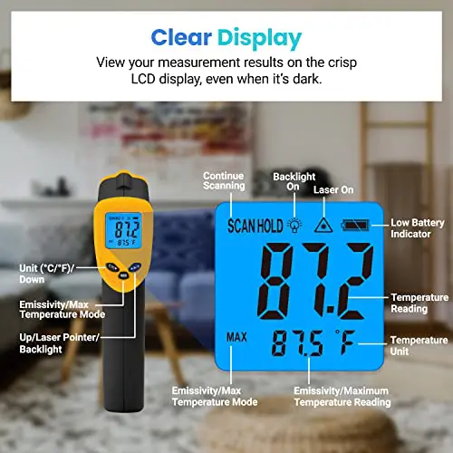 Etekcity Infrared Thermometer Laser Temperature Gun 774, Meat Food Candy Oven Thermometer for Griddle Accessories, Heat Gun for Cooking Refrigerator Tools, Adjustable Emissivity & Max Measure, Yellow - Image 2