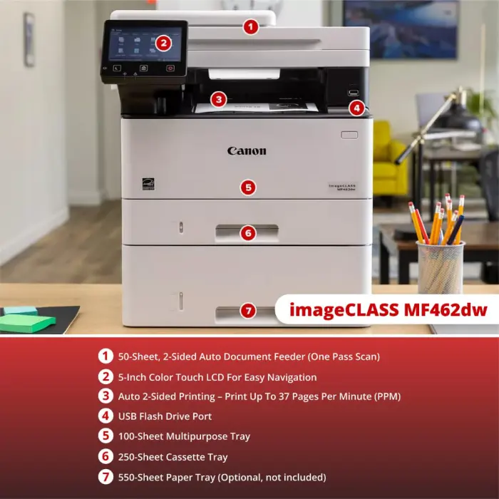 Canon imageCLASS MF462dw 4-in-1 Monochrome Wireless Duplex Laser Printer with Print, Copy, Scan and Fax Capabilities, Auto Document Feeder, and 5-Inch Touch Display Panel (Certified Renewed) - Image 5
