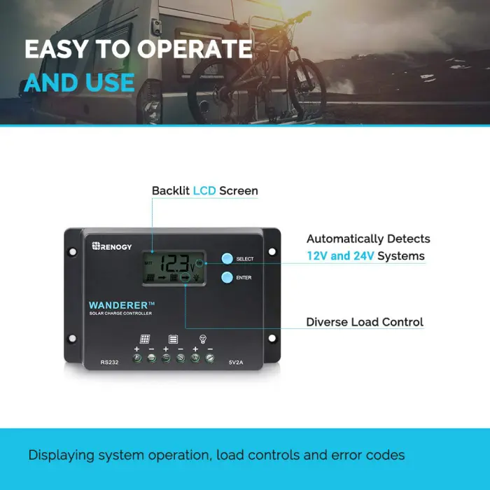 Renogy 10 Amp 12V/24V PWM Negative Ground Solar Charge Controller Compact Design w/LCD Display for AGM, Gel, Flooded and Lithium Battery, Wanderer 10A - Image 5