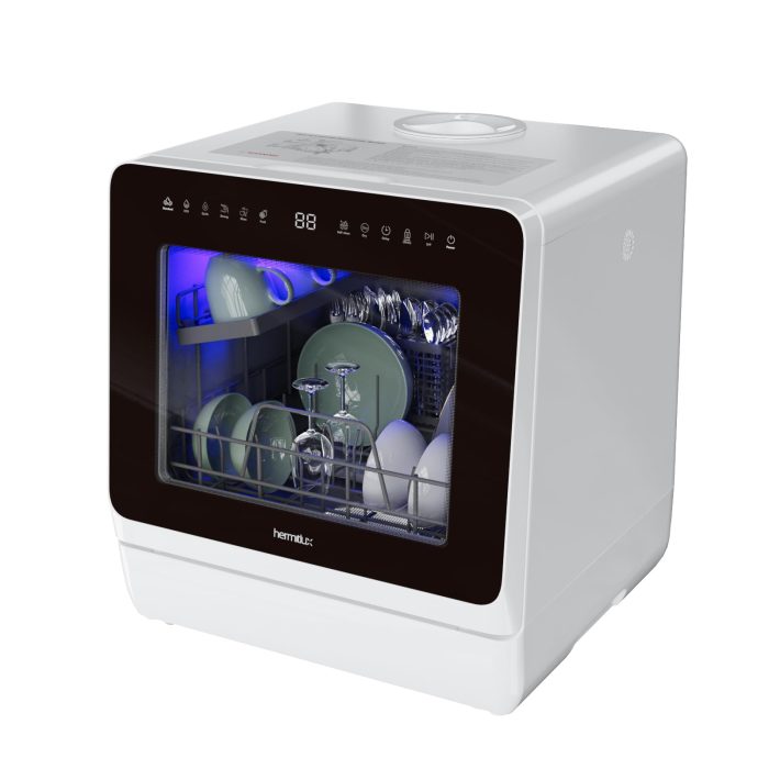 Hermitlux Countertop Dishwasher, 7 Washing Programs Portable Mini Dishwasher with 5-Liter Built-in Water Tank for Apartments & RVs, LED Light, Glass Door, No Hookup Needed - Image 1