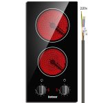 Karinear 2 Burner Electric Cooktop 12 Inch Built-in Electric Stove Top, 220v- 240v Radiant Cooktop with Residual Heat Indicator, Knob Control, Over-Temperature Protection, Hard Wire(No Plug)