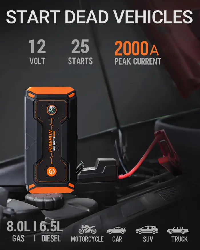 Powrun P-ONE Jump Starter, 2000A Portable Jump Box - Car Jump Starter Battery Pack for up to 8.0L Gas and 6.5L Diesel Engines, 12V Battery Jump Starter with Carry Case (Orange) - Image 7