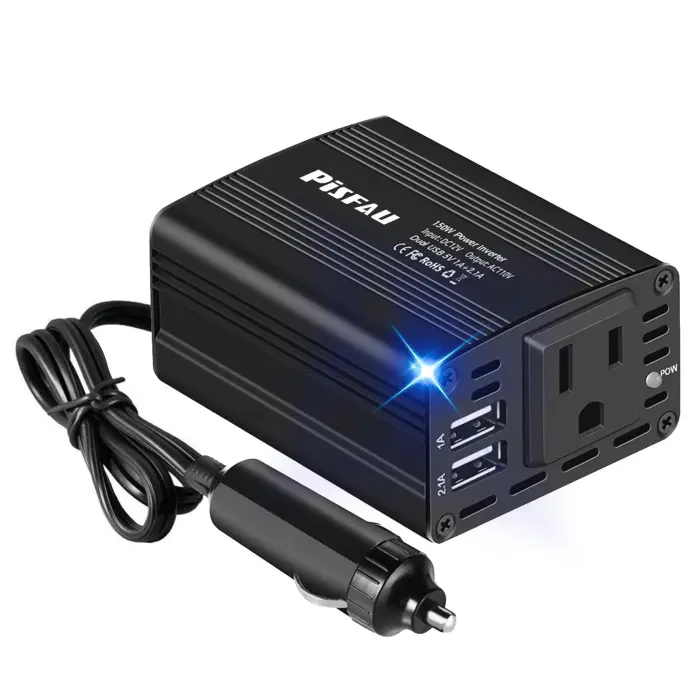 150W Power Inverter 12V DC to 110V AC Car Plug Adapter Outlet Converter with 3.1A Dual USB AC car Charger for Laptop Computer Black - Image 1