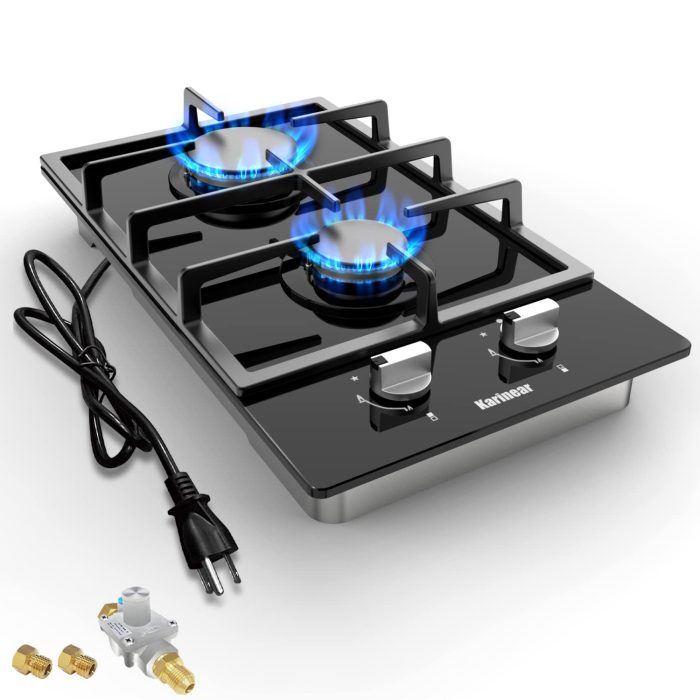 61HkeJuEOrL Karinear Gas Cooktop 2 Burner Propane Cooktop, 12 Inch LPG/NG Dual Fuel Gas Stove Top, Built-in Tempered Glass Gas Cooktop for Apartment, Indoor, RV - Image 1