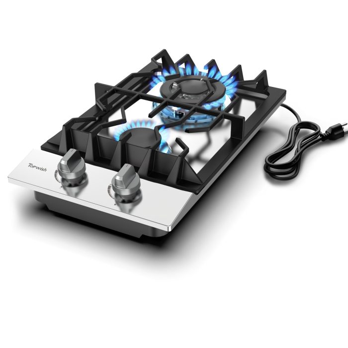 61Kf03Lqh1L TOPWISH 12 Inch Gas Cooktop, LPG/NG Convertible Built-in Gas Stove Top with 2 Burners 18000BTU, 304 Stainless Steel 2 Burner Propane Stove, Propane Stovetop Thermocouple Protect for Apartments, Rvs - Image 1