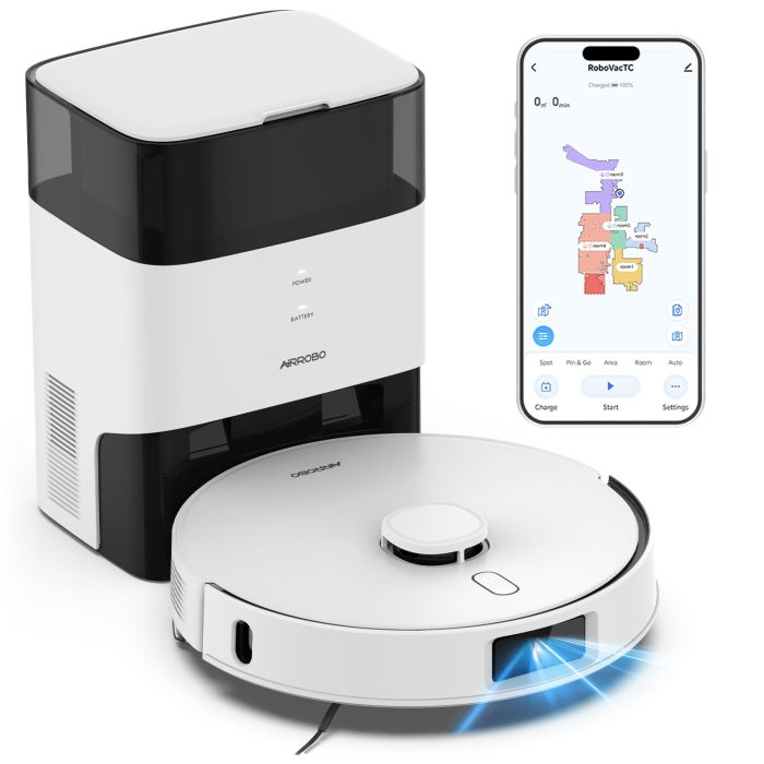 AIRROBO T30+ Robot Vacuum and Mop, 75-Day Self-Emptying, 6000PA Suction, Active Intelligent Obstacle Avoidance, Tangle-Free Brush, Carpet Avoidance, LiDAR Navigation, Smart Mapping, White - Image 1