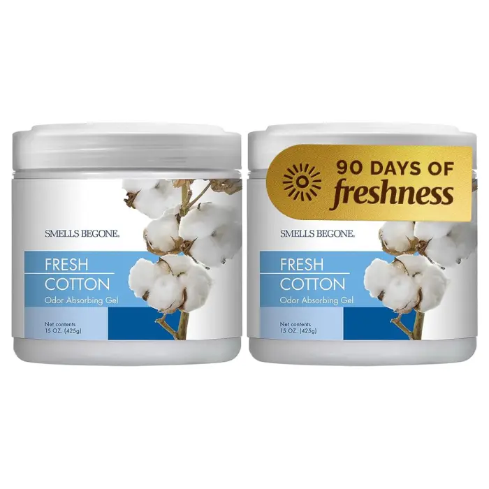 61N8dE-YF5L SMELLS BEGONE Air Freshener Odor Absorber Gel - 15 oz, Pack of 2 - Absorbs and Eliminates Odor in Pet Areas, Bathrooms, Cars, & Boats - Made with Essential Oils - Fresh Cotton Scent - Image 1