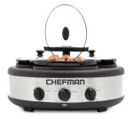 Chefman Triple Slow Cooker & Buffet Server with 3 Removable 1.5 Qt. Oval Crocks, Pot Inserts Individually Heat Controlled, Locking Lid Straps, Spoon & Lid Rests, 3 x 1.5 quart, Stainless Steel (Renewed)