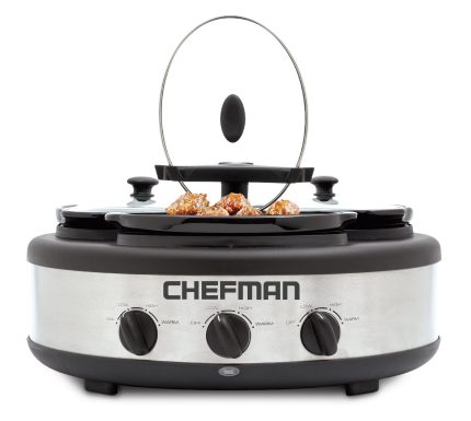 Chefman Triple Slow Cooker & Buffet Server with 3 Removable 1.5 Qt. Oval Crocks, Pot Inserts Individually Heat Controlled, Locking Lid Straps, Spoon & Lid Rests, 3 x 1.5 quart, Stainless Steel (Renewed)