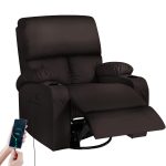 LEVELEVE Rocking Recliner Chair, Massage Rocker Recliner Chair with Vibration Massage and Heat, USB and Type-C Ports,360° Swivel Faux Leather Chairs, Living Room, Bedroom, Nursery, RV, Brown