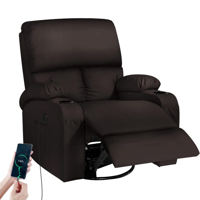 LEVELEVE Rocking Recliner Chair, Massage Rocker Recliner Chair with Vibration Massage and Heat, USB and Type-C Ports,360° Swivel Faux Leather Chairs, Living Room, Bedroom, Nursery, RV, Brown - Image 1