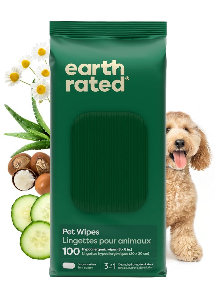 Earth Rated Pet Wipes for Dogs and Cats, Hypoallergenic, Cleaning and Hydrating, for Grooming Paws, Body and Butt, Unscented, 100 Count - Image 1