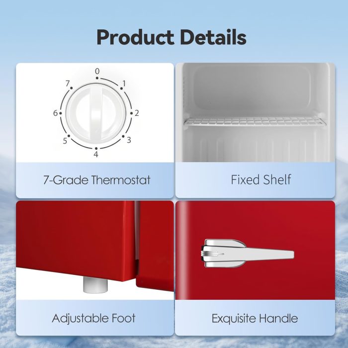LHRIVER Mini Freezer, 1.2Cu.ft Small Upright Freezer with Handle and Shelves, 7 Adjustable Thermostat, Low Noise for Bedroom/Apartment/Home/Office, Red - Image 3