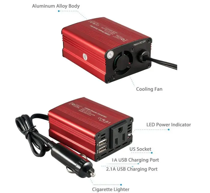 FOVAL 150W Car Power Inverter 12V DC to 110V AC Converter Vehicle Adapter Plug Outlet with 3.1A Dual USB Car Charger for Laptop Computer (Classic Red) - Image 2
