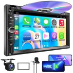 Double Din car Stereo with CD/DVD Player- CarPlay & Android Auto, Car Audio with Bluetooth, 7 Inch HD Touchscreen, Rear Camera, USB/TF/AUX, Subwoofer, AM/FM Radio Receiver