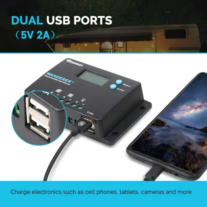 Renogy 10 Amp 12V/24V PWM Negative Ground Solar Charge Controller Compact Design w/LCD Display for AGM, Gel, Flooded and Lithium Battery, Wanderer 10A - Image 3