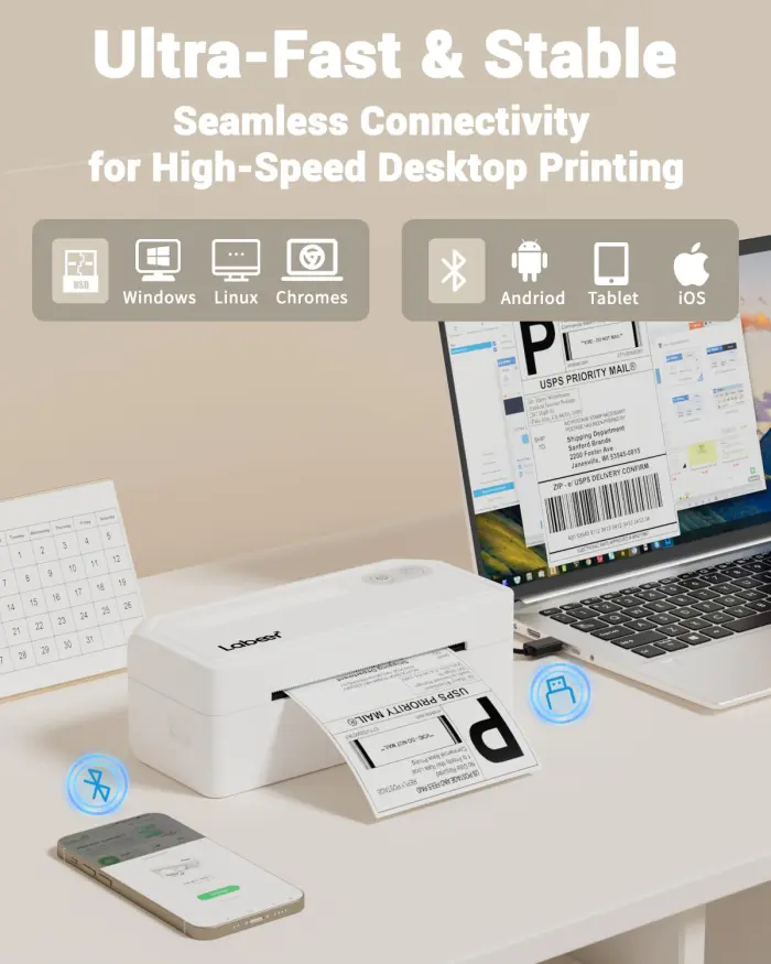 Labeer Bluetooth Thermal Label Printer, 4x6 Shipping Label Printer for Shipping Packages, Small Business Office or Home, Compatible with Phone&Pad&PC,Support Ups/Shopify/Ebay&More (White) - Image 8