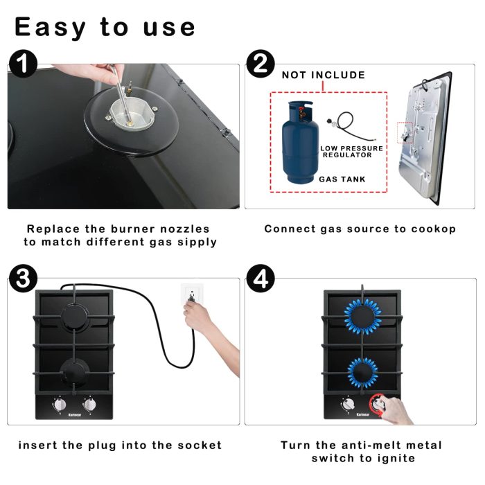 Karinear Gas Cooktop 2 Burner Propane Cooktop, 12 Inch LPG/NG Dual Fuel Gas Stove Top, Built-in Tempered Glass Gas Cooktop for Apartment, Indoor, RV - Image 5