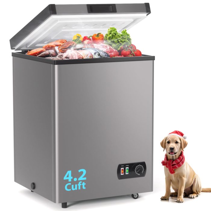 LifePlus Chest Freezer, 4.2 Cubic Feet Small Deep Freezers Top Door with Removable Basket, 7 Temperature Control Energy Saving, Compact Freezer for Home Kitchen Office Dorm Apartment Indoor Use, Grey - Image 1