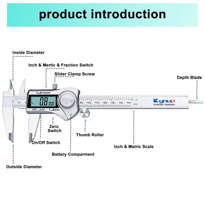 Kynup Digital Caliper, Caliper Measuring Tool Outside Micrometer, Vernier Dial Caliper, 6 Inch Caliper DIY Tool, Stainless Steel, IP54 Splash Proof, Inch Metric Fraction Switch, Large LCD Screen - Image 3