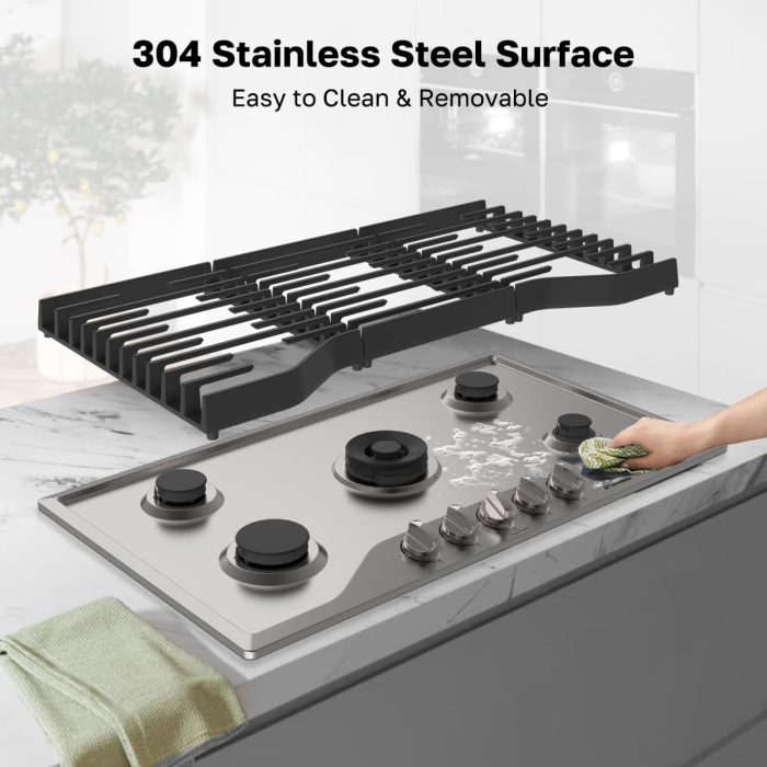 ThermoMate Heavy 36 Inch Gas Cooktop with 5 Italy Sabaf Power Burners, Built In Stove Top of 304 Stainless Steel, Gas Hob NG/LPG Convertible, Cooker with Thermocouple Protection CSA Certified - Image 2