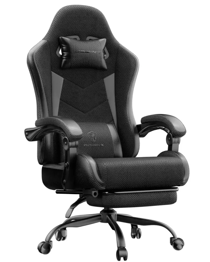 Gaming Chair with Footrest, Ergonomic 330lbs Leather Mesh Chair, Massage Lumbar Support, Adjustable Height & Headrest Pillow, Breathable Seat for Office, Home, Streaming, Long Gaming Sessions, Onyx - Image 1