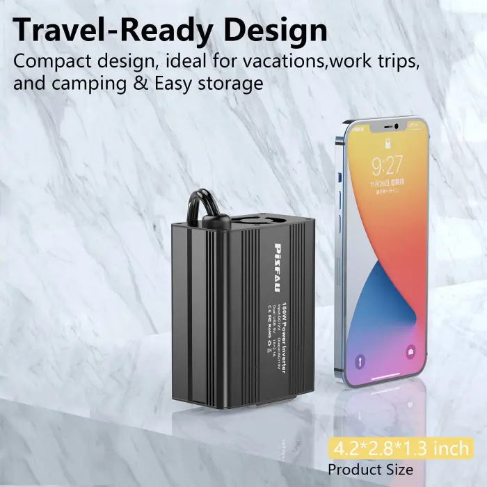 150W Power Inverter 12V DC to 110V AC Car Plug Adapter Outlet Converter with 3.1A Dual USB AC car Charger for Laptop Computer Black - Image 7