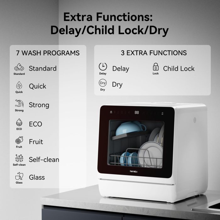 Hermitlux Countertop Dishwasher, 7 Washing Programs Portable Mini Dishwasher with 5-Liter Built-in Water Tank for Apartments & RVs, LED Light, Glass Door, No Hookup Needed - Image 8