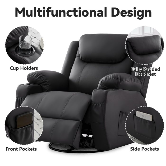 Korser Oversized Recliner Chair, 360° Swivel Recliner for Adults,Swivel Rocker Recliner Chair with Heat and Massage, Manual Recliner with Remote Control and Cup Rolders for Living Room, Faux Leather - Image 4