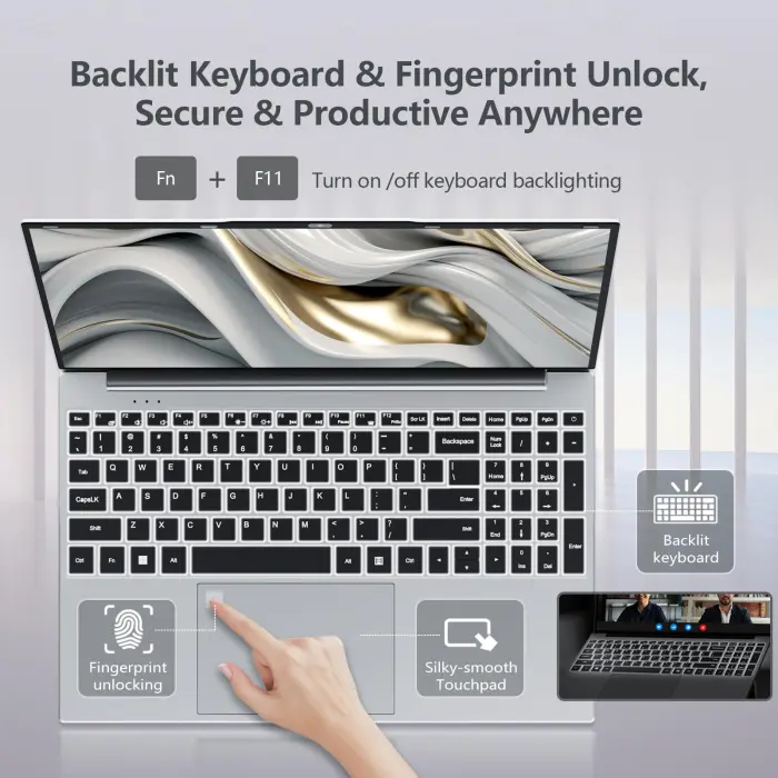 2025 Gaming Laptop, Laptop Computer with Celeron N150, Lap top with 16GB DDR4 1TB SSD, 15.6" IPS 1080P, Backlit Keyboard Fingerprint, Win 11 Pro, Portable Laptops for Work Office Student - Image 4