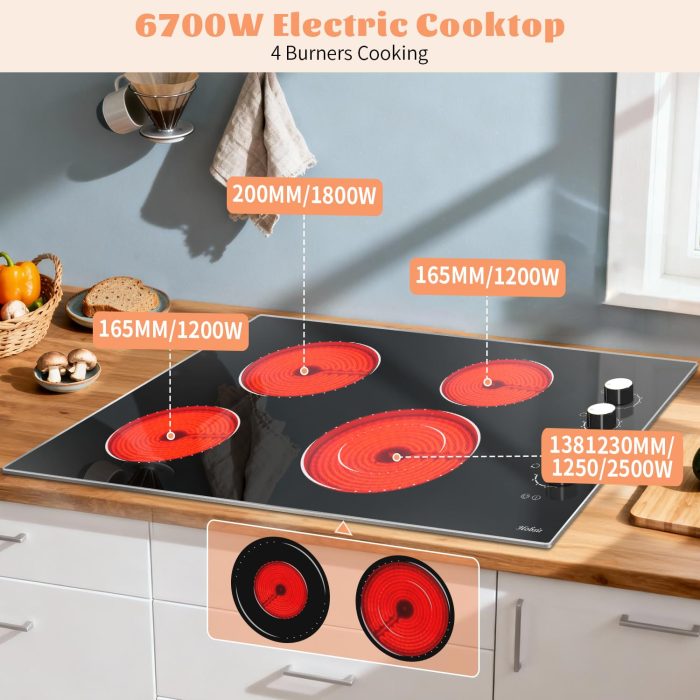Electric Cooktop 30 Inch Hobsir, 4 Burner Electric Stove Top 6700W, Knob Control Built in Cook top, 30" Electric Stove Top Burner with Glass Protection Metal Frame, Double-ring burner, 220-240v - Image 7