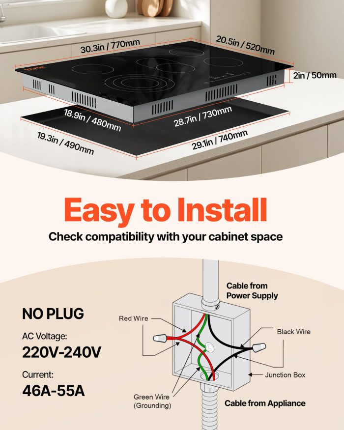 VEVOR Built in Electric Stove Top, 30 inch 5 Burners Ceramic Cooktop, 240V Glass Radiant Cooktop with Sensor Touch Control, Timer & Child Lock Included, 9 Power Levels for Simmer Steam Slow Cook Fry - Image 9