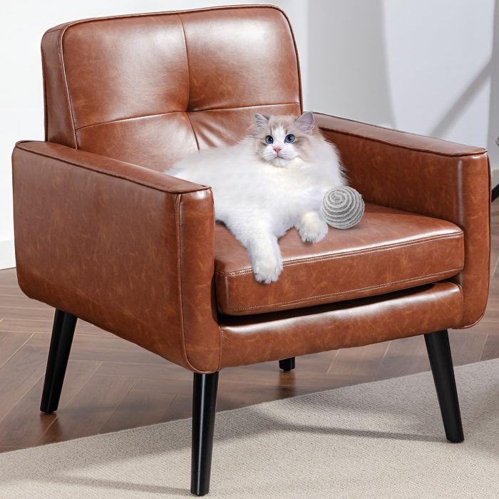 713lz8FwJDL Mid Century Accent Chair, PU Leather Modern Chair with Wooden Frame, Cozy Armchair Reading Chair with Comfy Back for Apartment, Living Room, Bedroom, Waiting Room, Small Space, Corner, Brown - Image 1