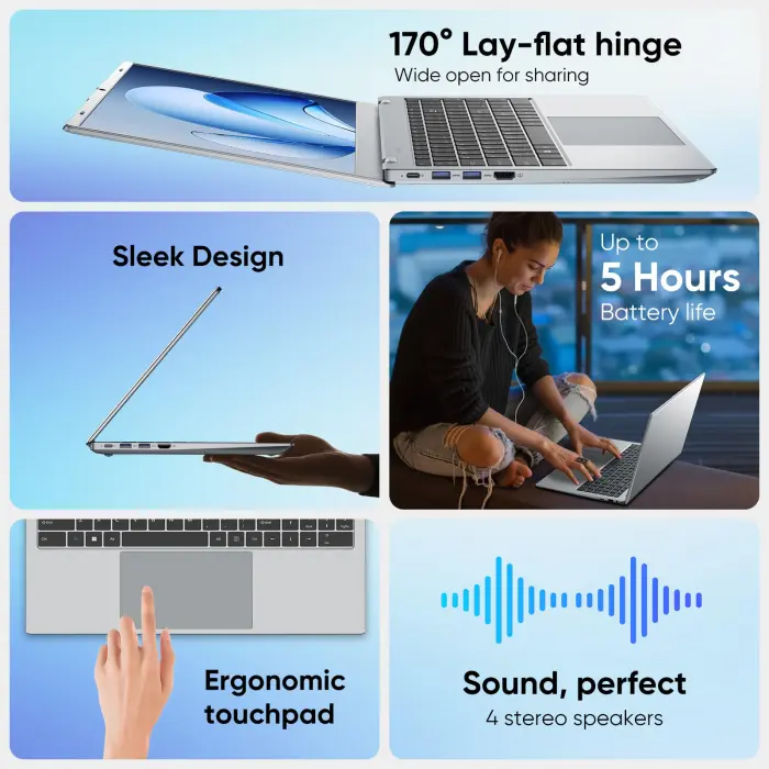 INHONLAP Laptop Computer, 16GB RAM 256GB SSD Laptops, 6500Y Processor (up to 3.4GHz), 15.6" FHD IPS Display, Laptop for Student and Business, WiFi 5, BT 5.0, Sliver - Image 6