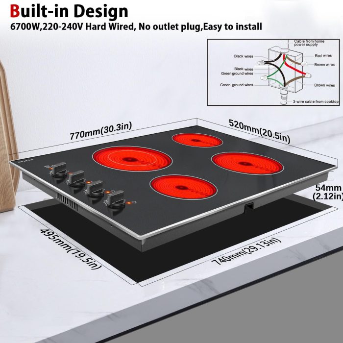 Noxton 30 Inch 4 Burners Electric Cooktop, Built-in 30" Radiant Electric Ceramic Stove Top with Glass Protection Metal Frame,Knob Control, Hot Surface Indicator, 220-240v, No Plug, Hard Wire - Image 2