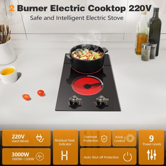 Cooksir 2 Burner Electric Cooktop 220V - Built-in 12 Inch Electric Stove Top 3000W, Ceramic Cook Top Radiant, 9 Power Heating Levels, Overheat Protection, Retro Knob, 220V - 240V Hard Wired (No Plug) - Image 7