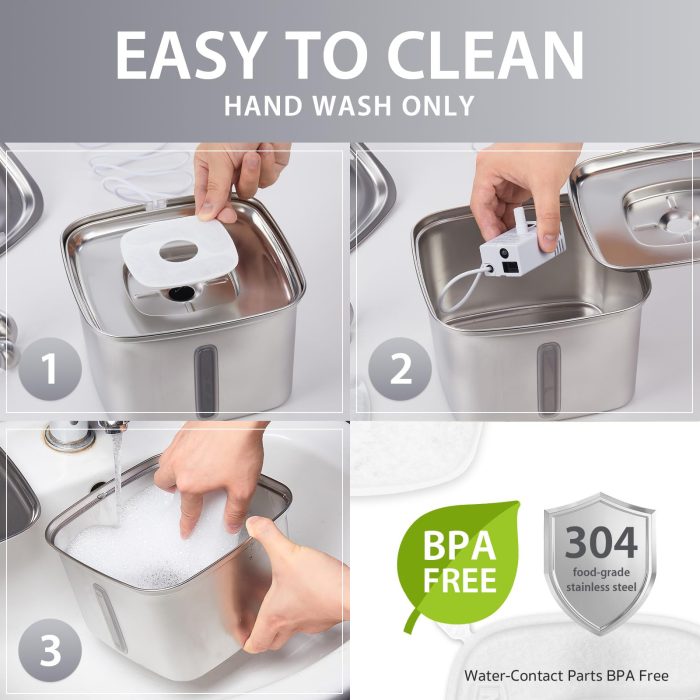 Veken Innovation Award Winner Stainless Steel Cat Water Fountain, 95oz/2.8L Automatic Pet Fountain Dog Water Dispenser with Replacement Filters & Silicone Mat, Gifts for Cats, Dogs (Silver) - Image 8