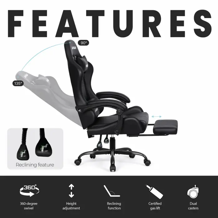 N-GEN GAMING Video Gaming Chair with Footrest Lumbar Support for Home Office High Back Recliner Height Adjustable Ergonomic Comfy Leather Computer Desk Chair (Black) - Image 5