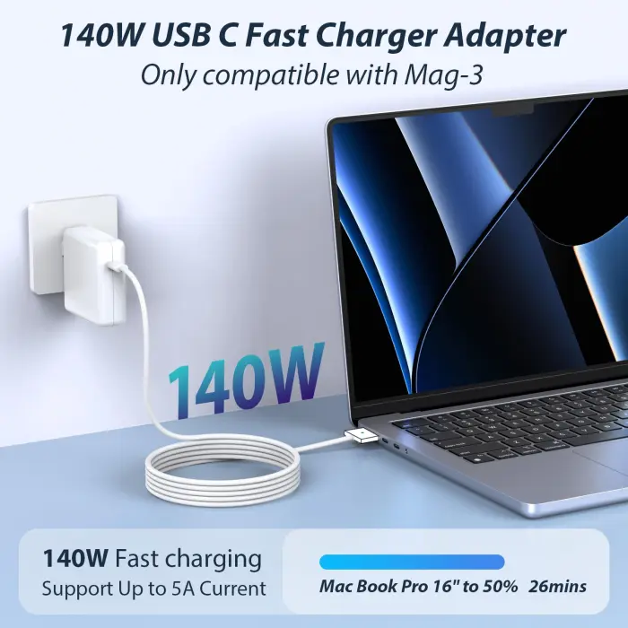 Mac Book Pro Charger- 140W USB C GaN Power Adapter with Magnetic 3 Cable (6.6FT) for MacBook Pro 14-inch 16-inch with M1/M2/M3/M4 Pro/Max Model (2021-2025 Model) Fast Charge Support - Image 6