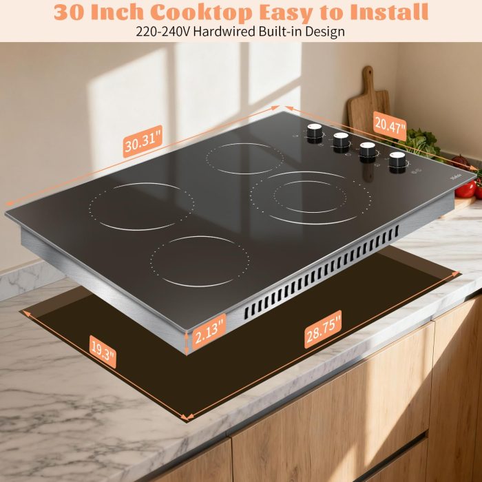 Electric Cooktop 30 Inch Hobsir, 4 Burner Electric Stove Top 6700W, Knob Control Built in Cook top, 30" Electric Stove Top Burner with Glass Protection Metal Frame, Double-ring burner, 220-240v - Image 2