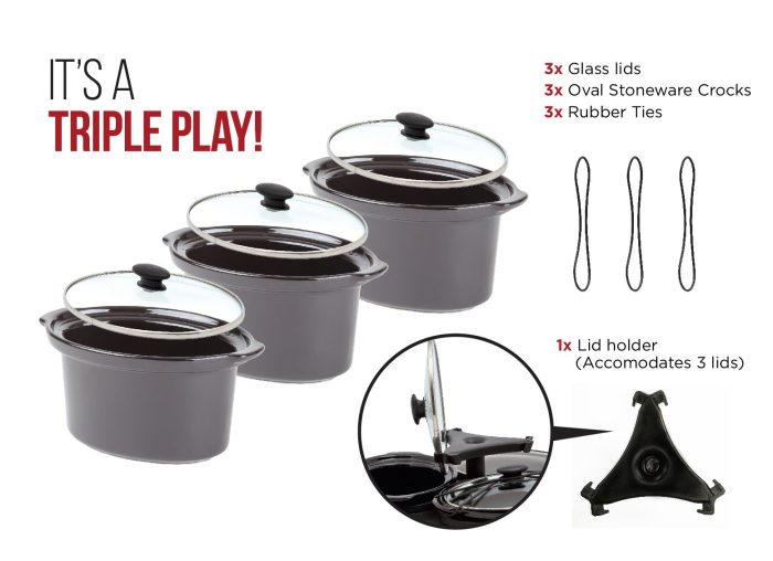 Chefman Triple Slow Cooker & Buffet Server with 3 Removable 1.5 Qt. Oval Crocks, Pot Inserts Individually Heat Controlled, Locking Lid Straps, Spoon & Lid Rests, 3 x 1.5 quart, Stainless Steel (Renewed) - Image 5