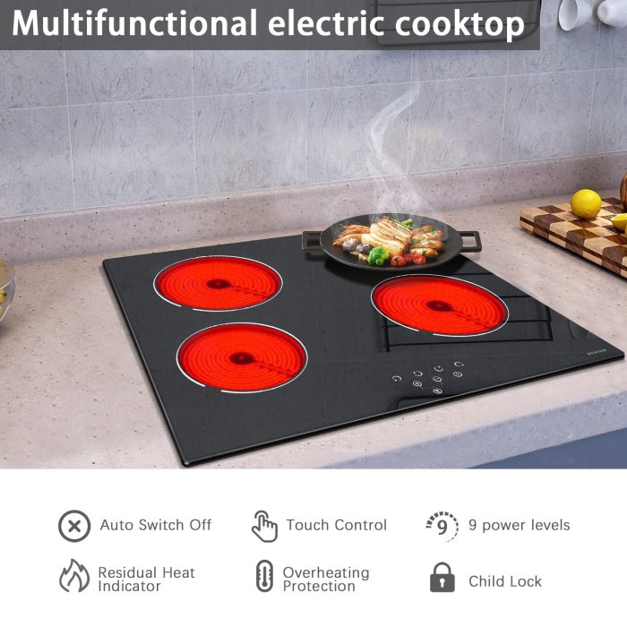 Noxton 24 Inch Electric Cooktop 4 Burners Electric Stove, Built-in Ceramic Cooktop with Touch Control Child Lock Timer Easy To Clean with Hard Wire 6000W 240V - Image 6