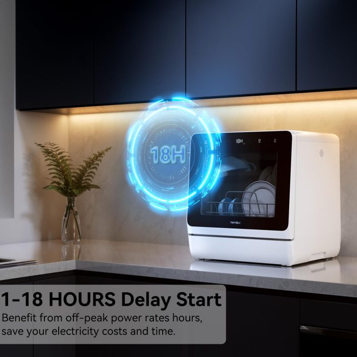 Hermitlux Countertop Dishwasher, 7 Washing Programs Portable Mini Dishwasher with 5-Liter Built-in Water Tank for Apartments & RVs, LED Light, Glass Door, No Hookup Needed - Image 6