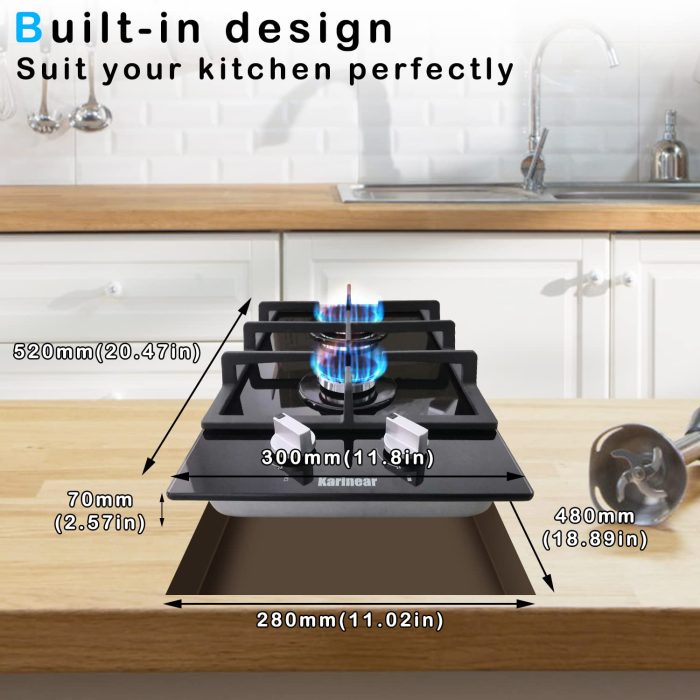 Karinear Gas Cooktop 2 Burner Propane Cooktop, 12 Inch LPG/NG Dual Fuel Gas Stove Top, Built-in Tempered Glass Gas Cooktop for Apartment, Indoor, RV - Image 4