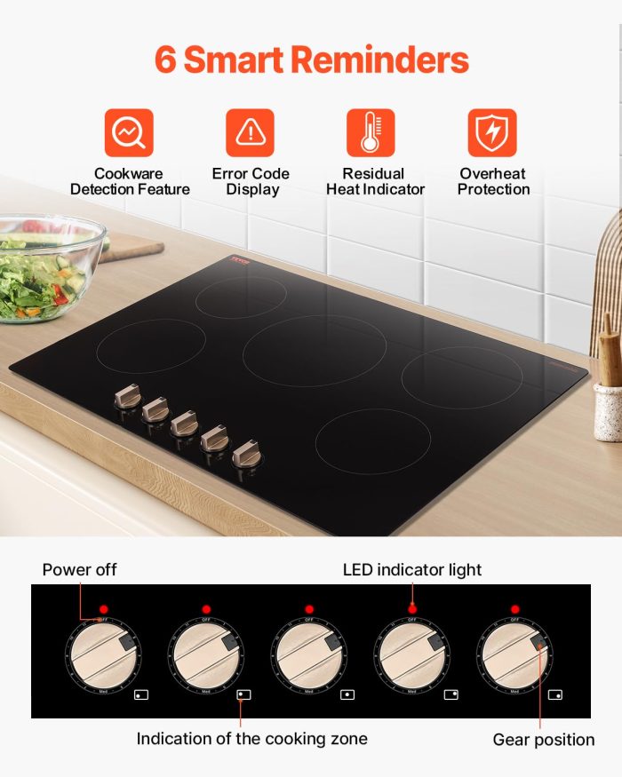 VEVOR Induction Cooktop, 9200W Electric Countertop Burner, 5 Burner Knob Control Stove, Built-in Induction Cooktop with 12 Temperature Settings, Glass Surface, Auto Shut-Off - Image 7