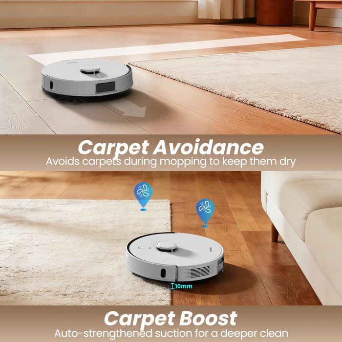 AIRROBO T30+ Robot Vacuum and Mop, 75-Day Self-Emptying, 6000PA Suction, Active Intelligent Obstacle Avoidance, Tangle-Free Brush, Carpet Avoidance, LiDAR Navigation, Smart Mapping, White - Image 6
