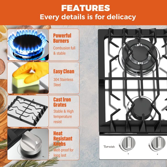TOPWISH 12 Inch Gas Cooktop, LPG/NG Convertible Built-in Gas Stove Top with 2 Burners 18000BTU, 304 Stainless Steel 2 Burner Propane Stove, Propane Stovetop Thermocouple Protect for Apartments, Rvs - Image 6