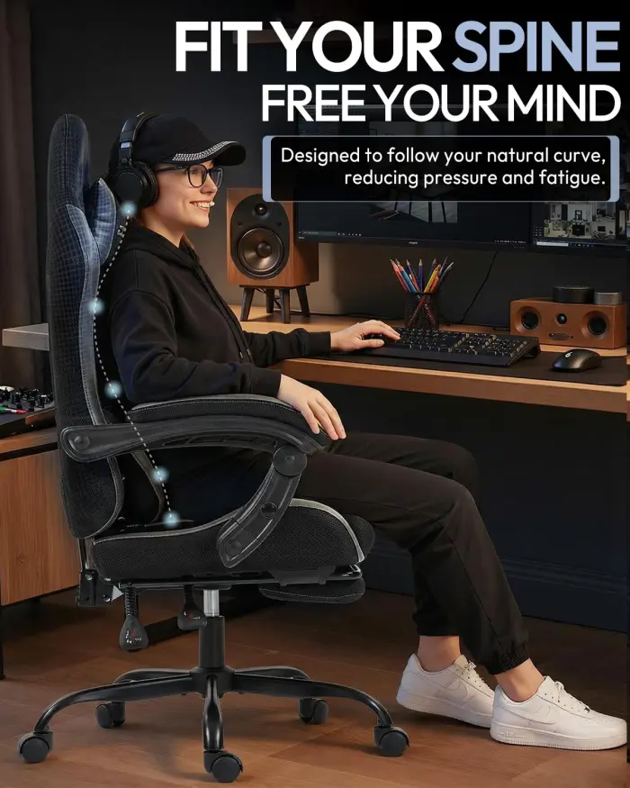 Gaming Chair with Footrest, Ergonomic 330lbs Leather Mesh Chair, Massage Lumbar Support, Adjustable Height & Headrest Pillow, Breathable Seat for Office, Home, Streaming, Long Gaming Sessions, Onyx - Image 6